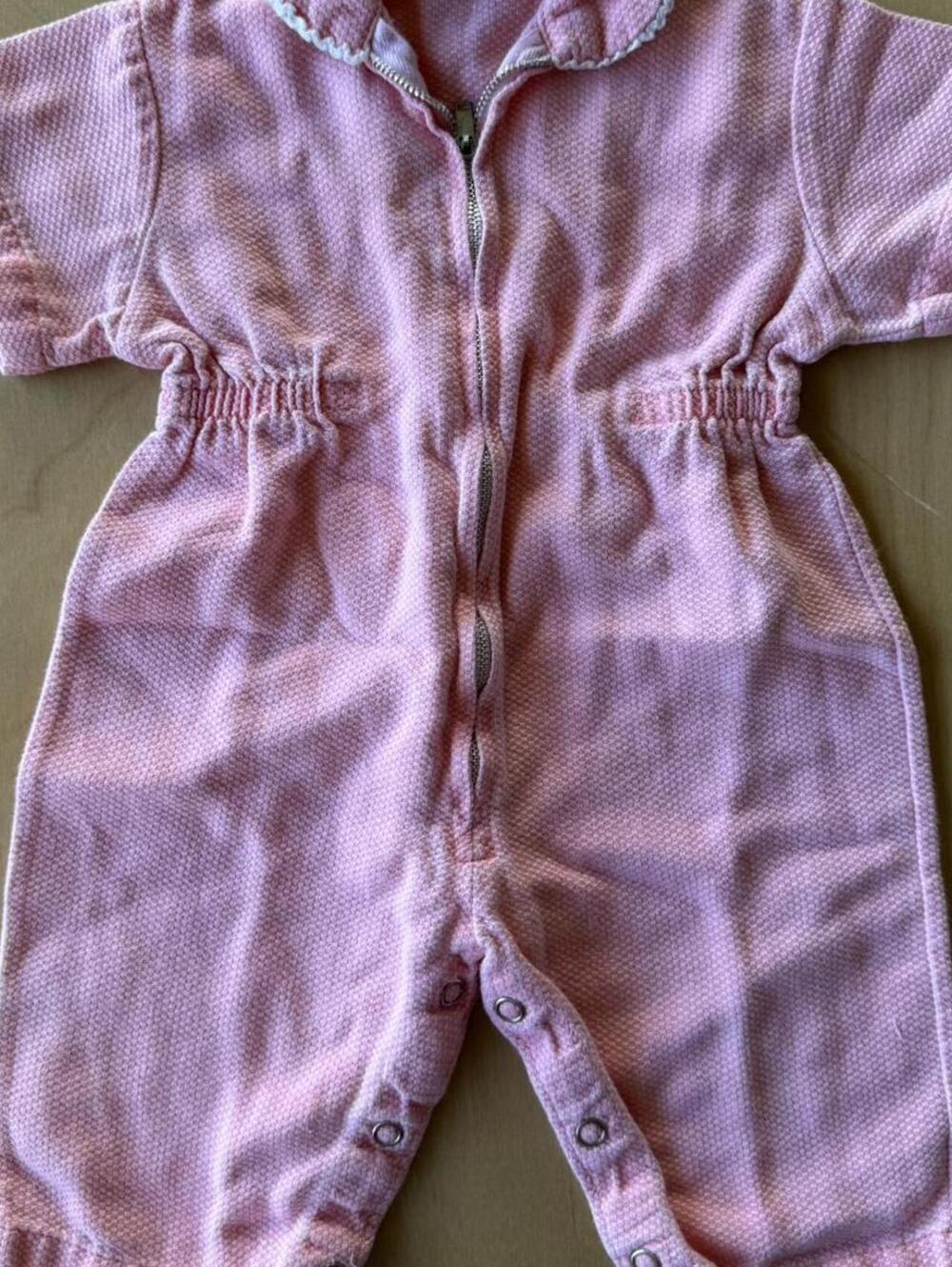 70s Healthtex pink vintage baby jumper with lace trim and zipper